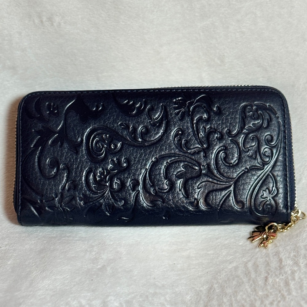 Navy Floral HeShe Leaf Impressed Design Zipper Wallet w/ Gold Bow Embellishment
